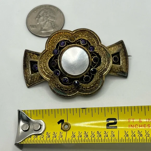 Victorian gold tone brooch pin purple rhinestones mother of pearl c clasp flower